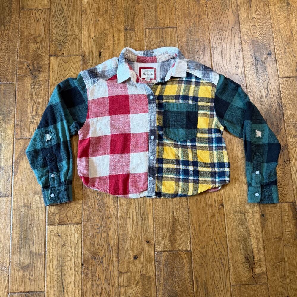 American Eagle Flannel Shirt Cropped Colored Patchwork Plaid Grunge Womens Sz S